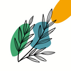 Twig leaf line art with green blue and orange color patches in background
