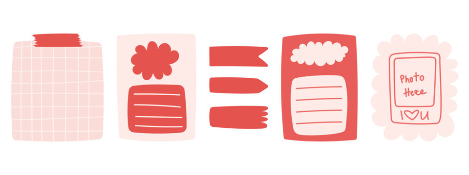 Collection of Valentine day themed memo stickers. Journal planning love sticker sheets. Bookmark, photo frame, to do list