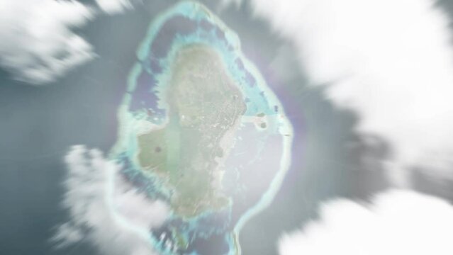 Earth zoom in from space to Mata-Utu, Wallis and Futuna. Followed by zoom out through clouds and atmosphere into space. Satellite view. Travel intro. Images from NASA