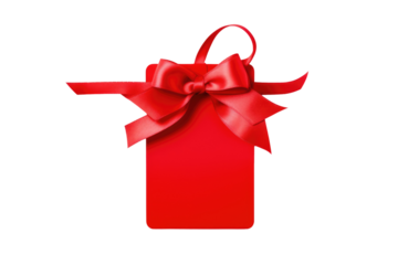 plain gift tag with red ribbon for text and wishes isolated on transparent png background
