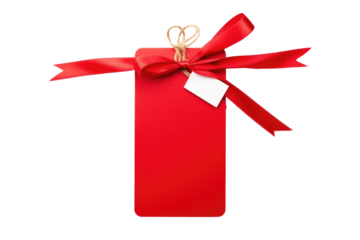 plain gift tag with red ribbon for text and wishes isolated on transparent png background