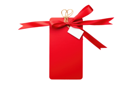 plain gift tag with red ribbon for text and wishes isolated on transparent png background