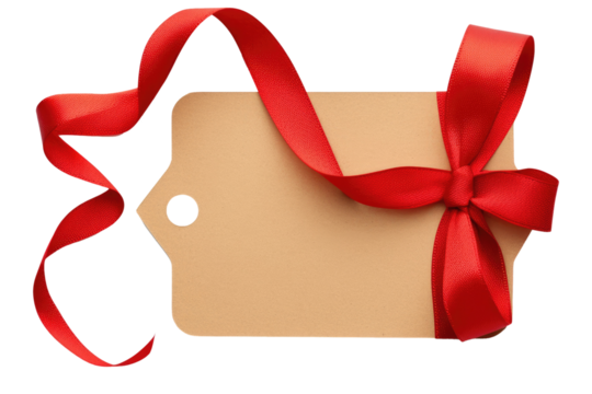 plain gift tag with red ribbon for text and wishes isolated on transparent png background