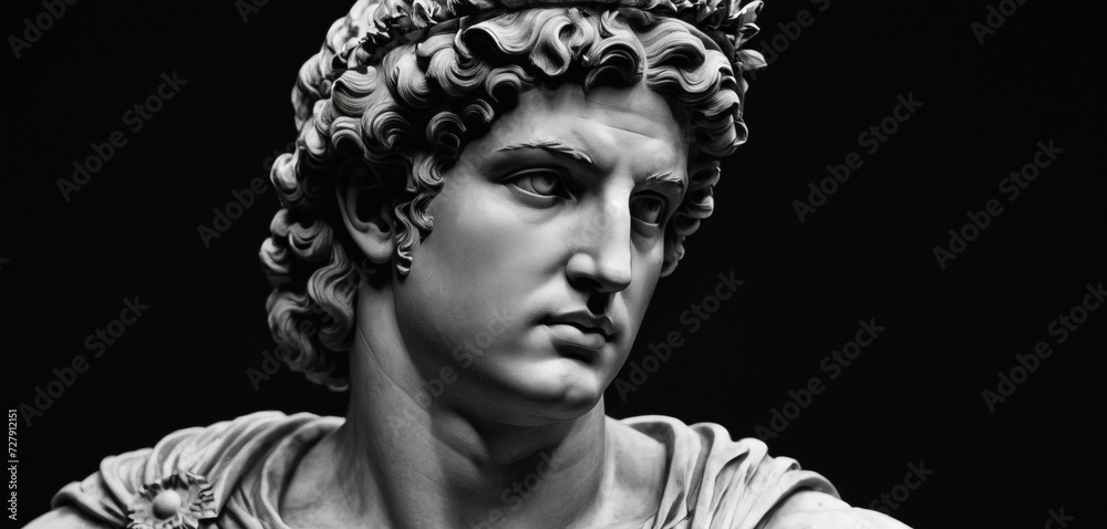 Wall mural Portrait of a plaster statue of Apollo isolated on black. Gypsum statue of Apollo's bust. Greek god statue. Male statue of a Roman deity, muscular Apollo in Olympus.