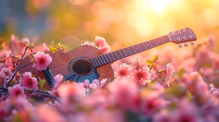 guitar and flowers in the garden