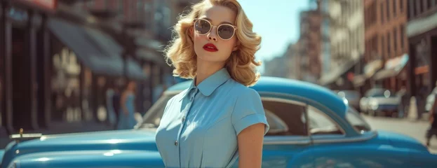 Papier Peint photo autocollant Voitures anciennes Classic '50s Charm: Woman in Pastel Blue Dress with Vintage Car