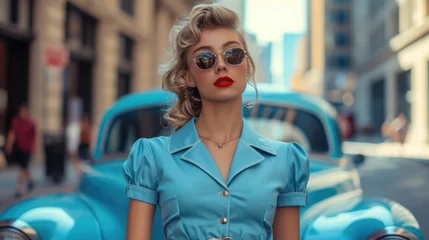 Küchenrückwand glas motiv Classic '50s Charm: Woman in Pastel Blue Dress with Vintage Car © Ivy