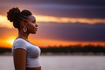 An African american girl portrait standing outside during sunset