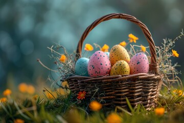 Amidst a sea of vibrant flowers and lush green grass, a woven basket brims with cheerful easter eggs, promising joy and new beginnings in the great outdoors