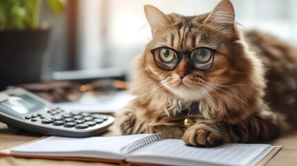 A helpful cat sits next to a calculator and budgeting notebooks, suggesting the importance of a trusted companion in managing personal finances
