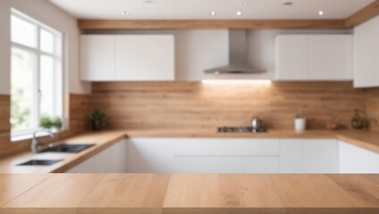 Wooden countertop on blurred background of modern kitchen room in daylight