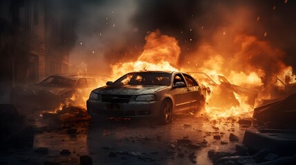 Fototapeta na wymiar Emergency, fire and explosion with car in city for disaster, apocalypse and damage, Danger, smoke and ai generated with burning vehicle in road for smoke catastrophe, armageddon and accident 