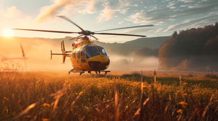 Helicopter lands on spring field. - obrazy, fototapety, plakaty