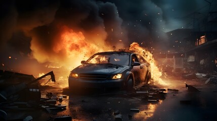 Emergency, fire and explosion with car in city for disaster, apocalypse and damage, Danger, smoke and ai generated with burning vehicle in road for smoke catastrophe, armageddon and accident  - obrazy, fototapety, plakaty