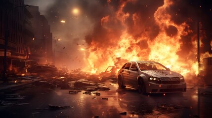 Emergency, fire and explosion with car in city for disaster, apocalypse and damage, Danger, smoke and ai generated with burning vehicle in road for smoke catastrophe, armageddon and accident  - obrazy, fototapety, plakaty