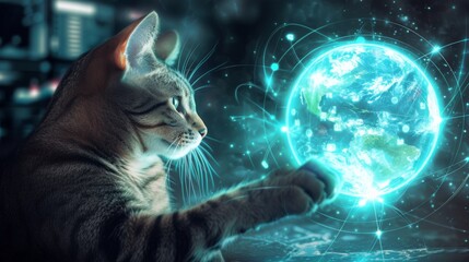 With a paw on a glowing globe and financial reports in the background, a visionary cat contemplates...