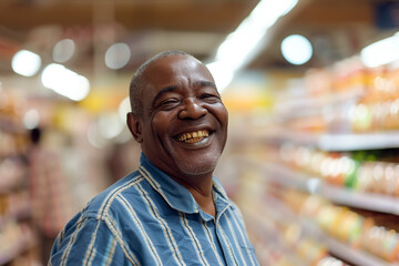 Fototapeta premium African American man in a supermarket, standing near the counter, making a purchase