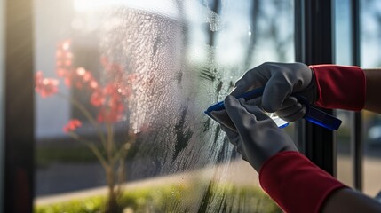 Close-up cropped photo of a window cleaner using a scraper and spray gun to wash the window of a private house. Cleaning concept. - obrazy, fototapety, plakaty