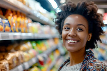 Customer in a big mart, African American woman shopping for food and goods