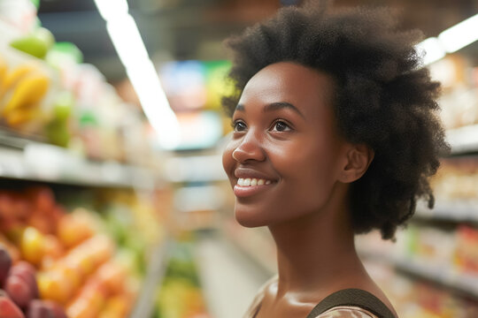 Supermarket shopper, an African American woman, exploring the mart for household goods