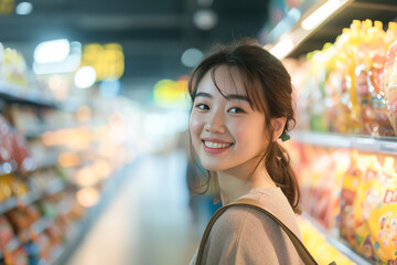 Supermarket shopper, Asian woman in the aisle, browsing products, retail store