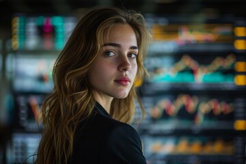 Portrait of a woman with stock graph screen