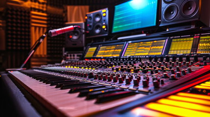 professional music studio with a large mixing console