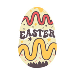 Happy Easter egg design with text. Easter holiday symbol egg hunt in colorful flat style with phrase . Retro art decoration. Stock vector icon illustration clipart