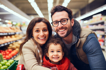 Supermarket family, kids and parents navigating aisles, shopping for groceries together