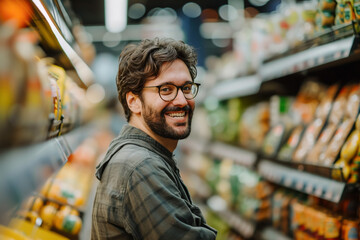 Man in a supermarket, walking down the aisles, shopping for goods, retail store