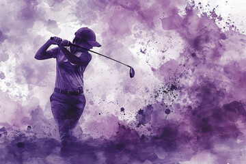 Golf player in action, woman purple watercolour with copy space - obrazy, fototapety, plakaty