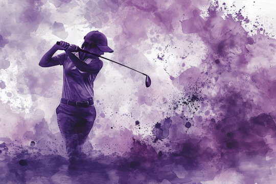 Golf player in action, woman purple watercolour with copy space