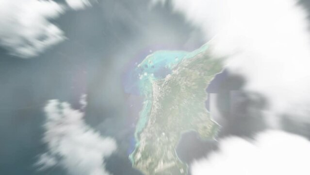 Earth zoom in from space to Saipan, Northern Mariana Islands. Followed by zoom out through clouds and atmosphere into space. Satellite view. Travel intro. Images from NASA