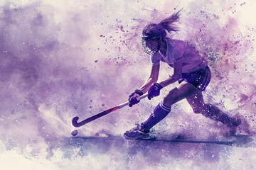 Field Hockey player in action, woman purple watercolour with copy space