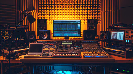 professional music studio with a large mixing console