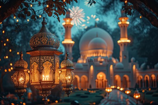 Ramadan kareem eid mubarak royal elegant lamp with mosque