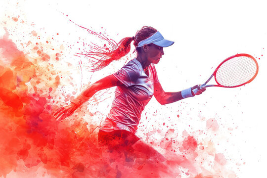 Tennis player in action, woman red watercolour with copy space