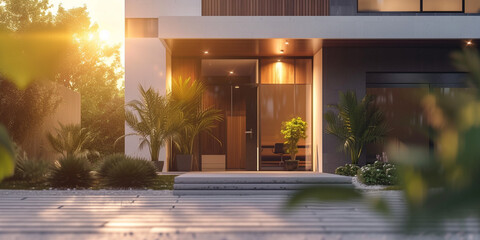 Beautiful modern style luxury home at sunset, featuring entrance and elegant design AI generated