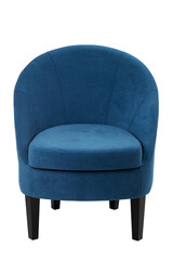 wide upholstered armchair with fabric upholstery on wooden legs in retro style, isolated on a white background