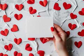 Female hold blank card against red hearts. Valentine's Day concept.