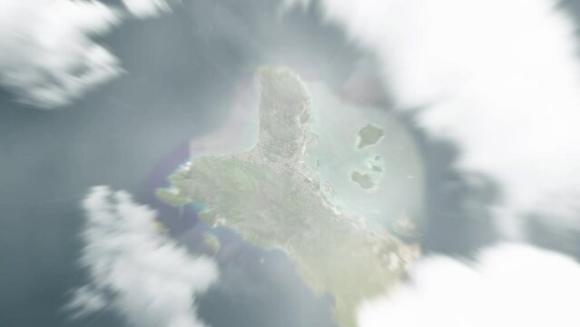 Earth zoom in from space to Victoria, Seychelles. Followed by zoom out through clouds and atmosphere into space. Satellite view. Travel intro. Images from NASA