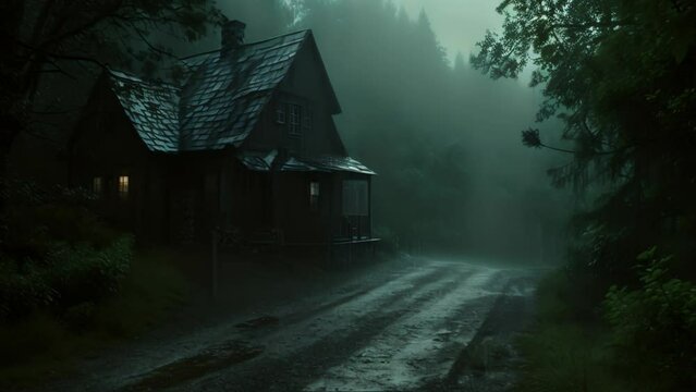 Enigmatic Dwelling Amidst Rainy Woods. Generative ai