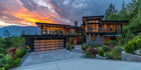 Obraz premium Fraser Valley home built in Vancouver Canada with custom exterior design, glass garage door and cedar shake roofing. Cloudy summer sunset sky background