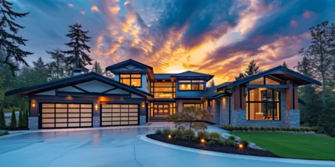 Fotobehang Fraser Valley home built in Vancouver Canada with custom exterior design, glass garage door and cedar shake roofing. Cloudy summer sunset sky background © rimsha