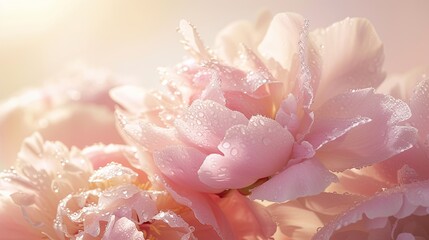 A close-up of dew-dropped peonies in soft morning light. 