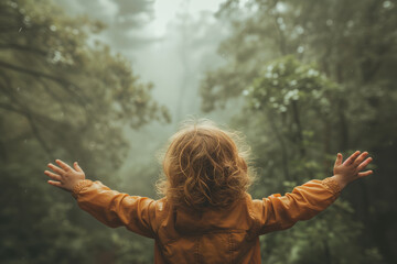 A child spreading arms wide, inhaling refreshing air fully, amidst a backdrop of trees of various sizes, concept of earth preservation, nature, and clean air. - obrazy, fototapety, plakaty