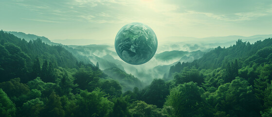 A panoramic of a planet earth hovering serenely over a sprawling againts the blue sky, ecosystem and healthy environment concept, earth day, save the world