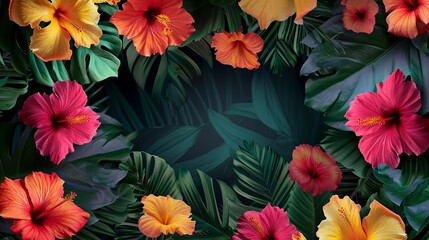 A vibrant, tropical scene with bright hibiscus flowers bordering the frame. 