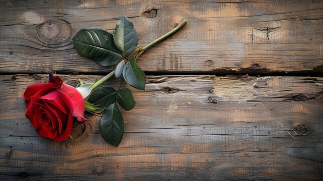 A minimalist arrangement of a single red rose lying on a rustic wooden surface. 