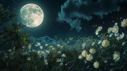 Fototapeta na wymiar An ethereal moon garden scene, featuring night-blooming flowers under a full moon. 